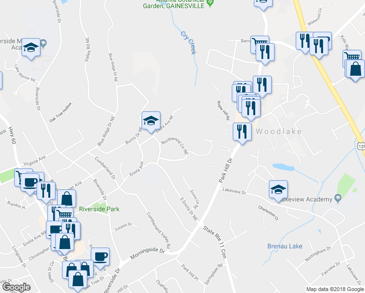 map of restaurants, bars, coffee shops, grocery stores, and more near 1544 Northwood Circle Northeast in Gainesville