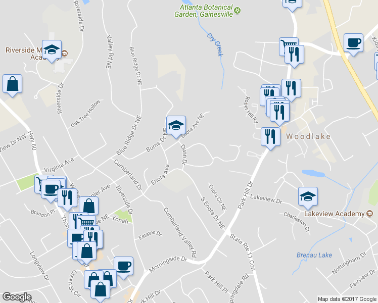 map of restaurants, bars, coffee shops, grocery stores, and more near 1364 Dunn Drive in Gainesville