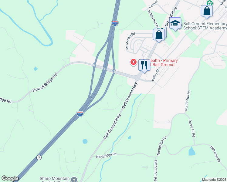 map of restaurants, bars, coffee shops, grocery stores, and more near 143 Marble Tree Way in Ball Ground
