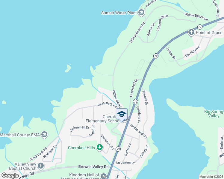 map of restaurants, bars, coffee shops, grocery stores, and more near 3112 Willow Beach Road in Guntersville