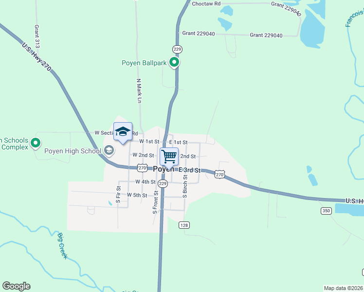 map of restaurants, bars, coffee shops, grocery stores, and more near 210 East 1st Street in Poyen