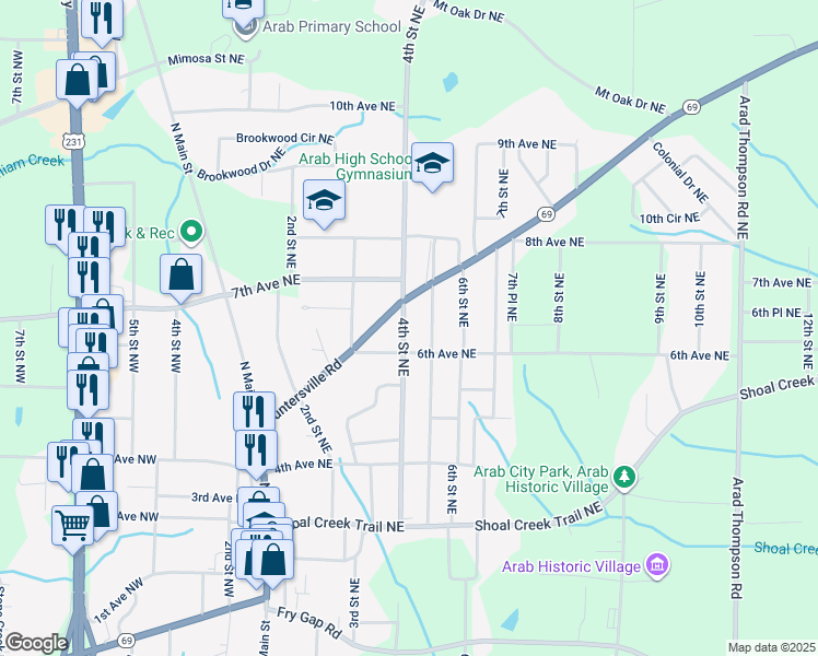 map of restaurants, bars, coffee shops, grocery stores, and more near 604 4th Street Northeast in Arab