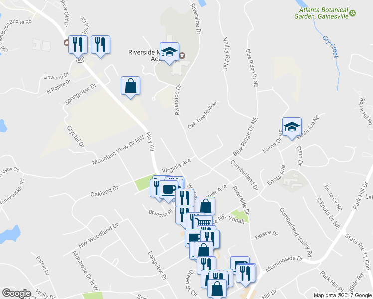 map of restaurants, bars, coffee shops, grocery stores, and more near 1631 Riverside Drive in Gainesville