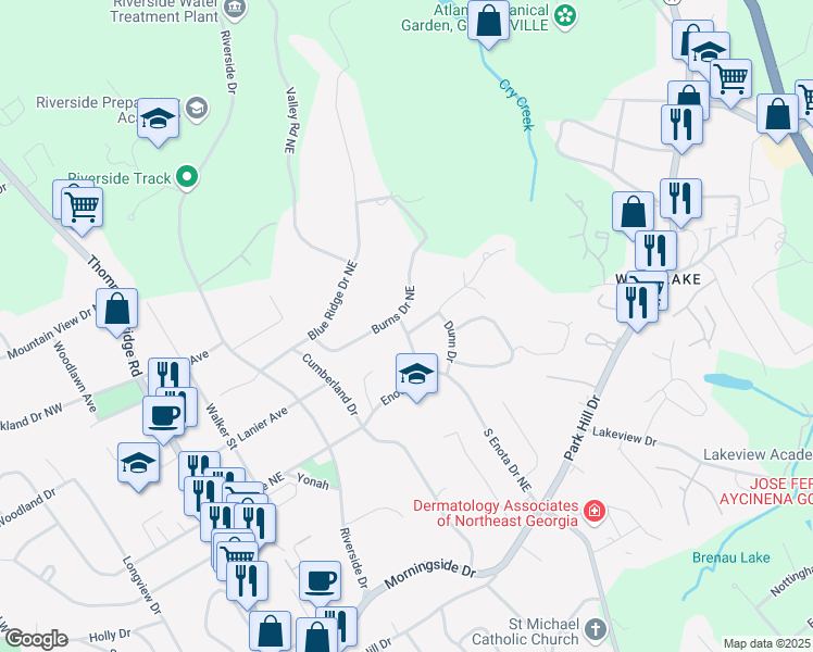 map of restaurants, bars, coffee shops, grocery stores, and more near 1399 Burns Place in Gainesville