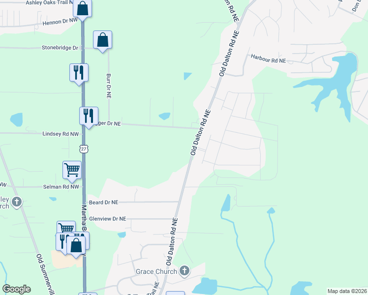 map of restaurants, bars, coffee shops, grocery stores, and more near 162 Dugger Drive Northeast in Rome