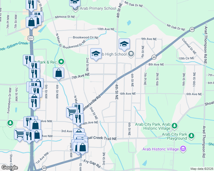 map of restaurants, bars, coffee shops, grocery stores, and more near 339 Guntersville Road in Arab