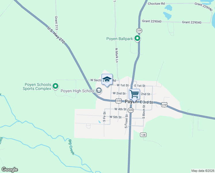 map of restaurants, bars, coffee shops, grocery stores, and more near 111 North School Street in Poyen