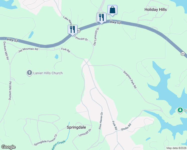 map of restaurants, bars, coffee shops, grocery stores, and more near 2935 Fork Road in Gainesville