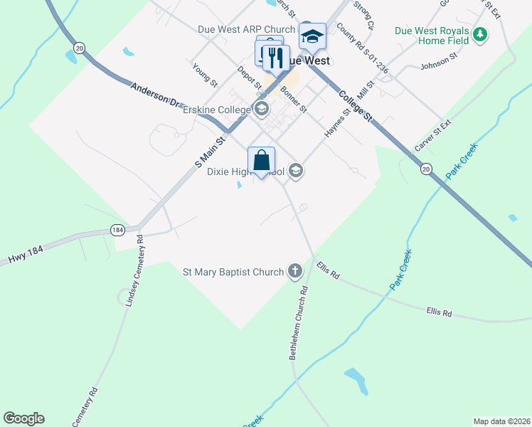 map of restaurants, bars, coffee shops, grocery stores, and more near 3 Lindsay Lane in Due West