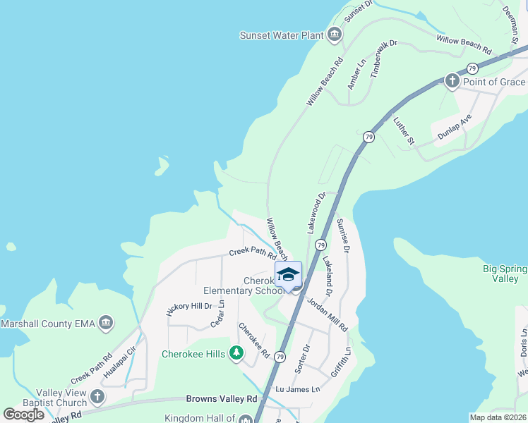 map of restaurants, bars, coffee shops, grocery stores, and more near 3112 Willow Beach Road in Guntersville