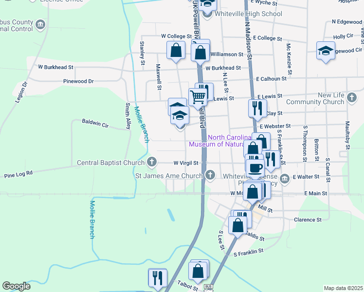 map of restaurants, bars, coffee shops, grocery stores, and more near 402 South Martin Luther King Avenue in Whiteville