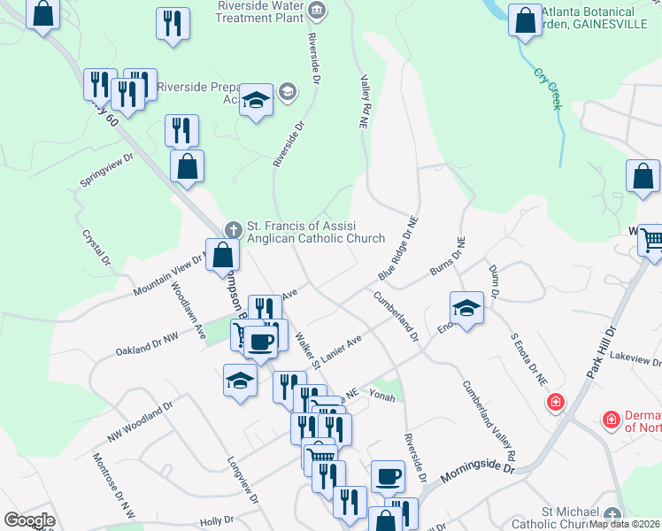 map of restaurants, bars, coffee shops, grocery stores, and more near 1459 Heritage Road in Gainesville