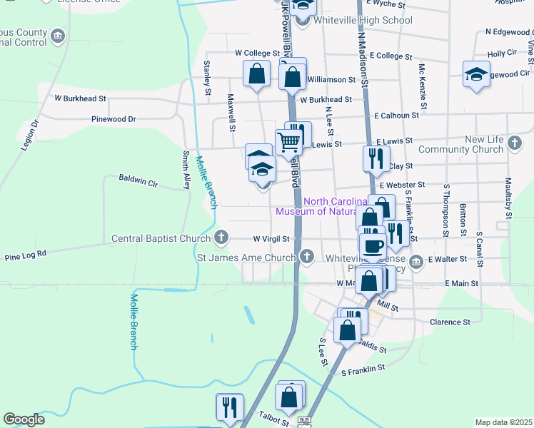 map of restaurants, bars, coffee shops, grocery stores, and more near 402 South Martin Luther King Avenue in Whiteville