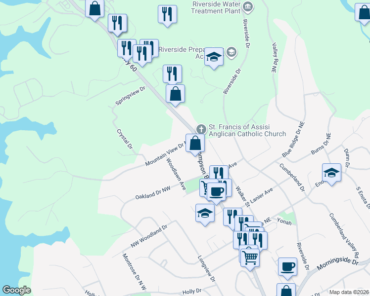 map of restaurants, bars, coffee shops, grocery stores, and more near 145 Mountain View Drive Northwest in Gainesville