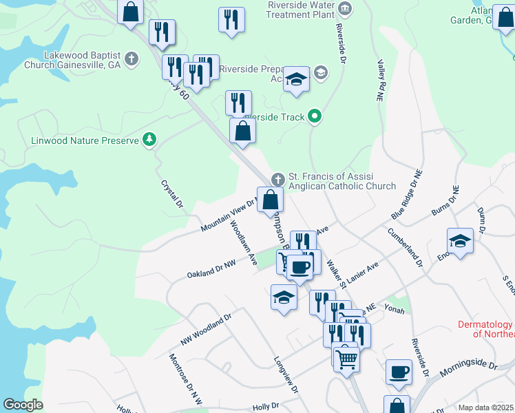 map of restaurants, bars, coffee shops, grocery stores, and more near 145 Mountain View Drive Northwest in Gainesville