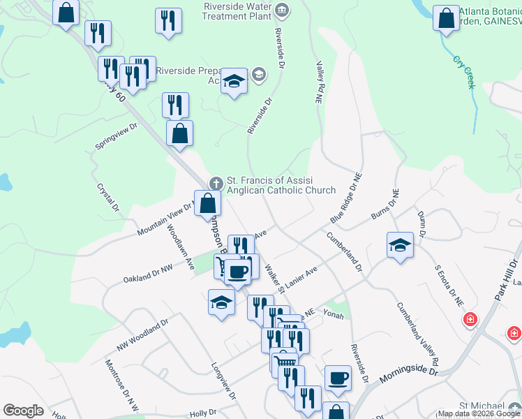 map of restaurants, bars, coffee shops, grocery stores, and more near 1647 Riverside Drive in Gainesville
