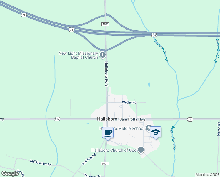 map of restaurants, bars, coffee shops, grocery stores, and more near 459 Hallsboro Road South in Hallsboro