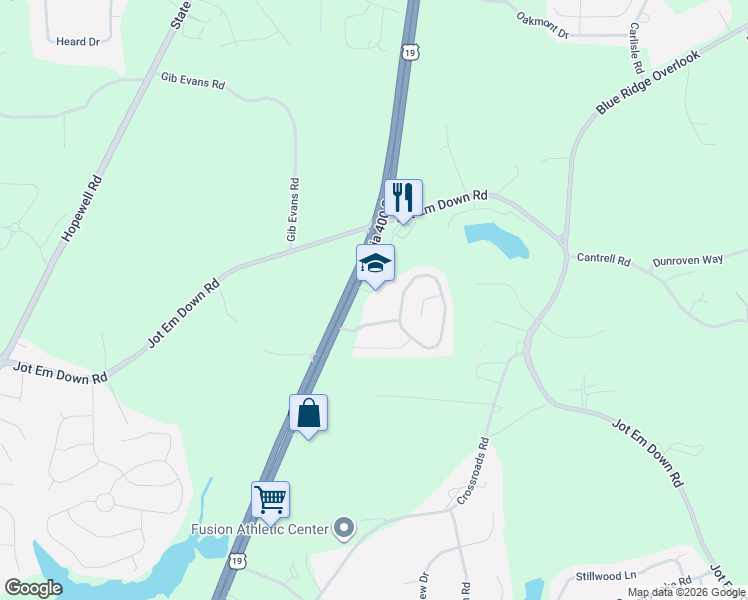 map of restaurants, bars, coffee shops, grocery stores, and more near 6470 Georgia 400 in Cumming