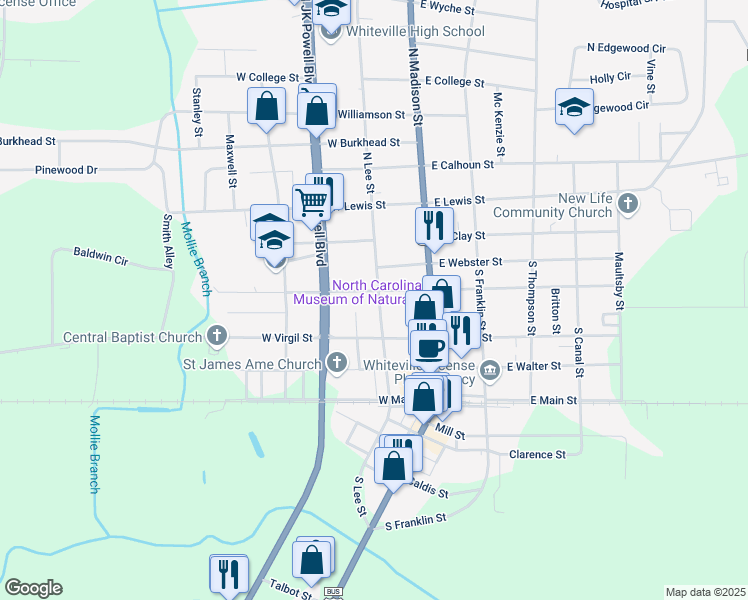 map of restaurants, bars, coffee shops, grocery stores, and more near 201 West Columbus Street in Whiteville