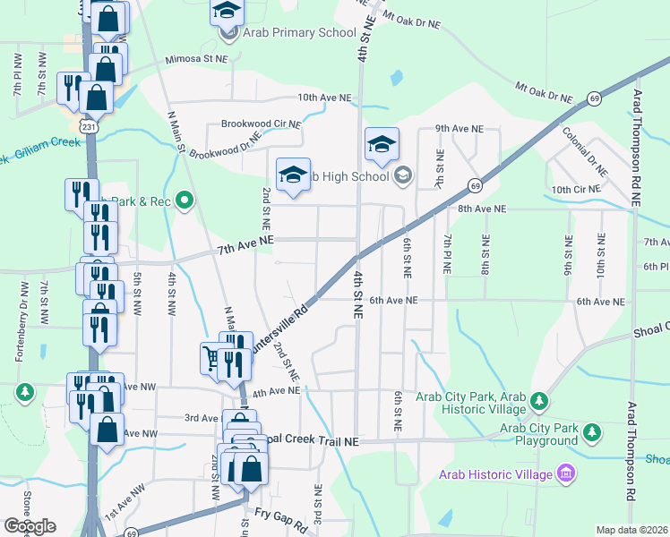 map of restaurants, bars, coffee shops, grocery stores, and more near 339 Guntersville Rd in Arab