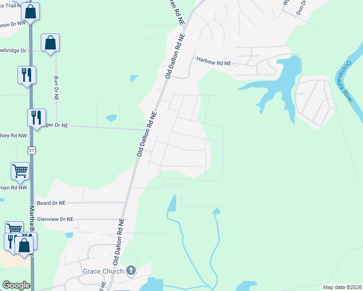 map of restaurants, bars, coffee shops, grocery stores, and more near 13 Oak View Drive Northeast in Rome