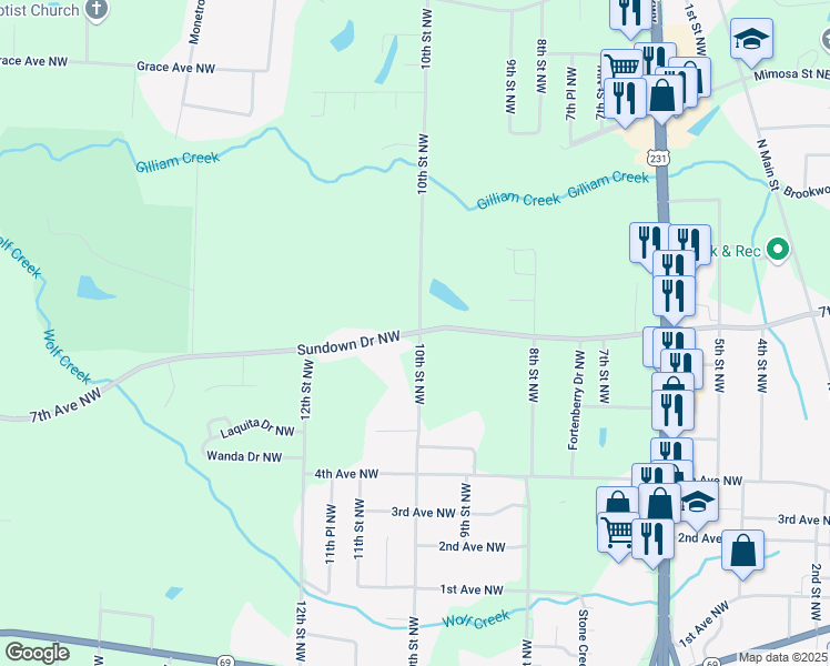 map of restaurants, bars, coffee shops, grocery stores, and more near 1001 Sundown Drive Northwest in Arab