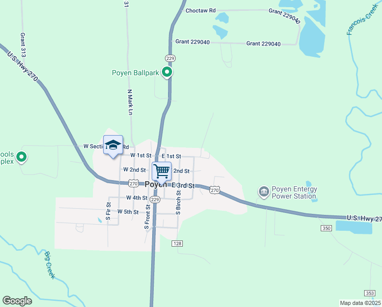 map of restaurants, bars, coffee shops, grocery stores, and more near 310 East 1st Street in Poyen