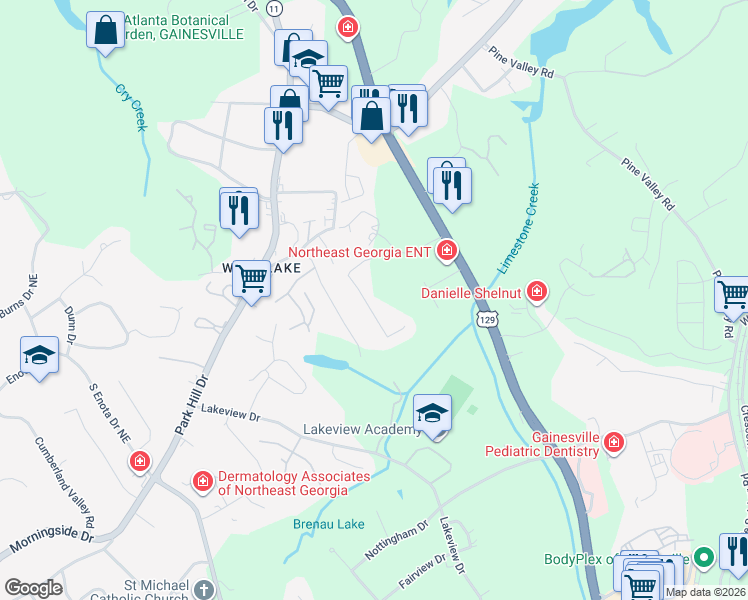 map of restaurants, bars, coffee shops, grocery stores, and more near 2667 Limestone Creek Drive in Gainesville