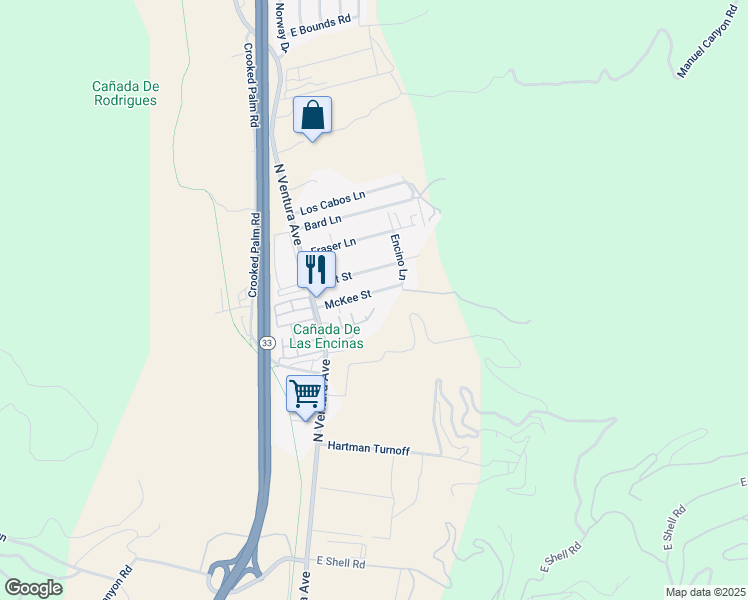 map of restaurants, bars, coffee shops, grocery stores, and more near 178 McKee Street in Ventura