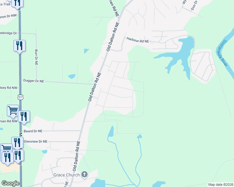 map of restaurants, bars, coffee shops, grocery stores, and more near 13 Oak View Drive Northeast in Rome