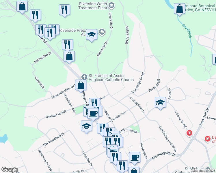 map of restaurants, bars, coffee shops, grocery stores, and more near 1647 Riverside Drive in Gainesville