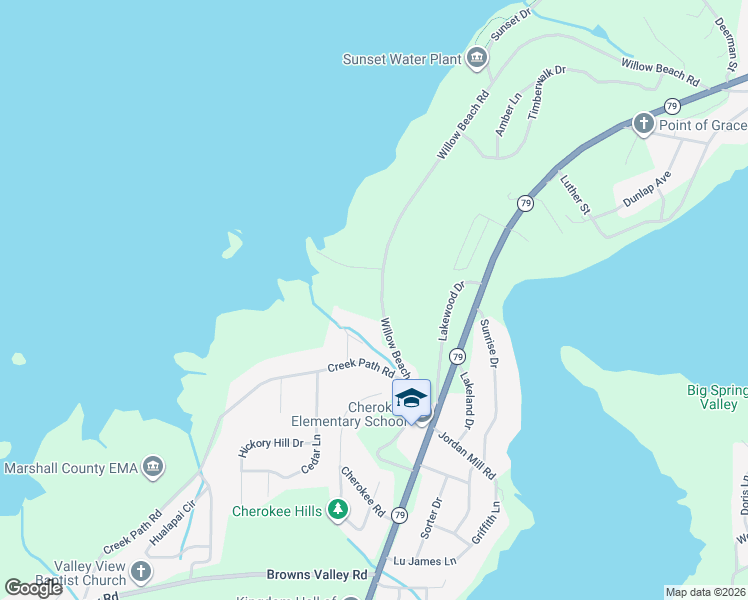 map of restaurants, bars, coffee shops, grocery stores, and more near 3112 Willow Beach Road in Guntersville