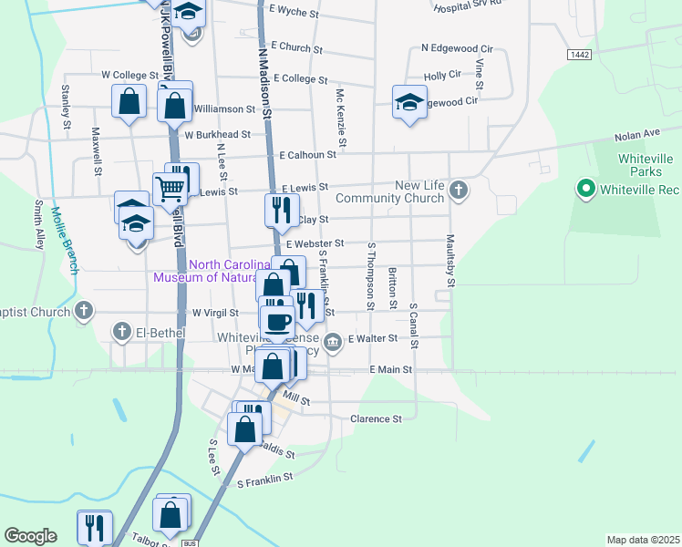 map of restaurants, bars, coffee shops, grocery stores, and more near 204 East Columbus Street in Whiteville