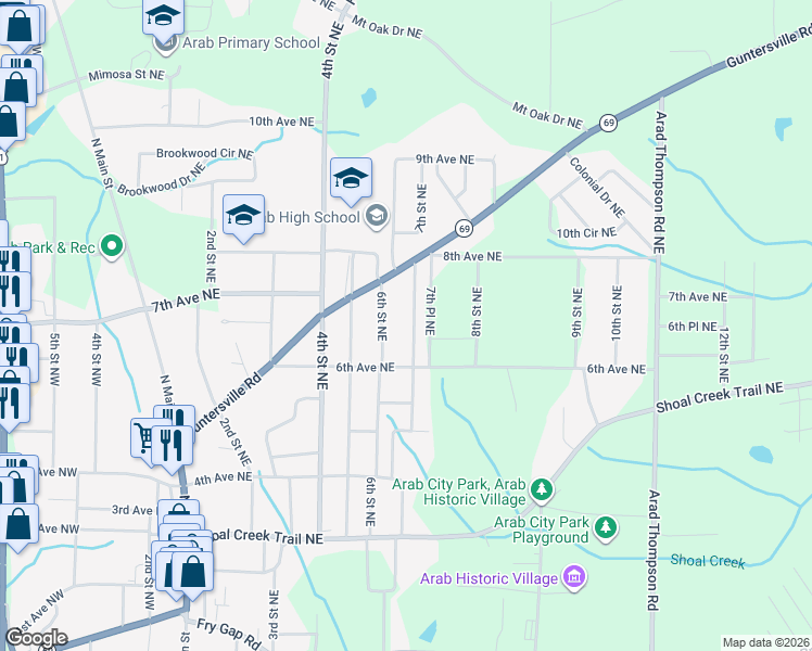 map of restaurants, bars, coffee shops, grocery stores, and more near 613 7th Street Northeast in Arab