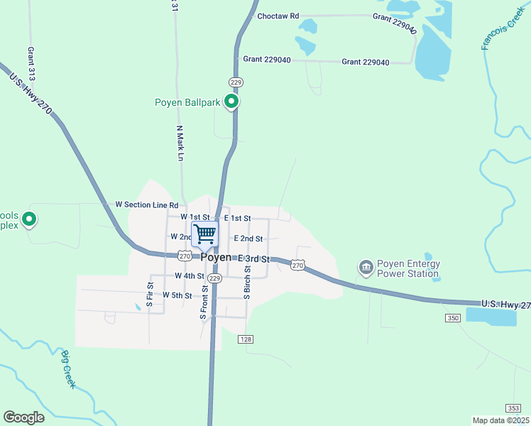 map of restaurants, bars, coffee shops, grocery stores, and more near 310 East 1st Street in Poyen
