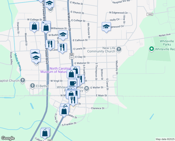 map of restaurants, bars, coffee shops, grocery stores, and more near 204 East Columbus Street in Whiteville
