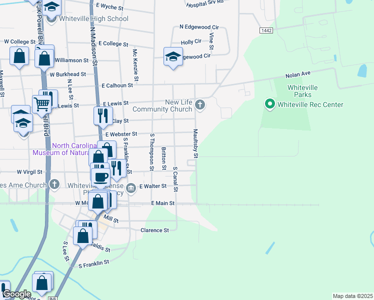 map of restaurants, bars, coffee shops, grocery stores, and more near 410 E Columbus St in Whiteville