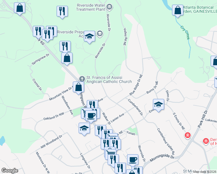 map of restaurants, bars, coffee shops, grocery stores, and more near 1459 Heritage Road in Gainesville