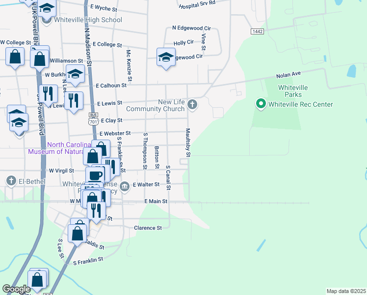map of restaurants, bars, coffee shops, grocery stores, and more near 410 E Columbus St in Whiteville