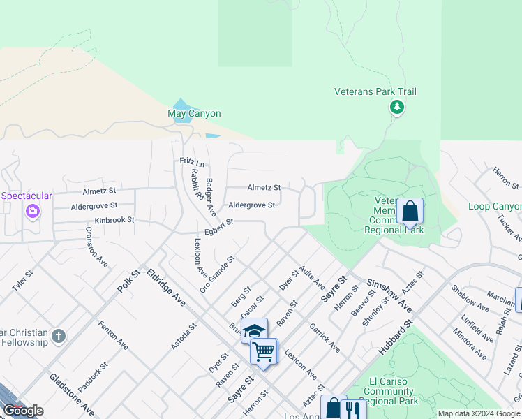 map of restaurants, bars, coffee shops, grocery stores, and more near 13404 Aldergrove Street in Los Angeles