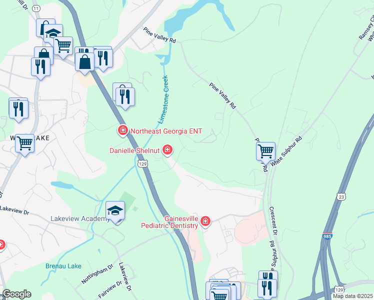 map of restaurants, bars, coffee shops, grocery stores, and more near 2350 Windward Lane in Gainesville