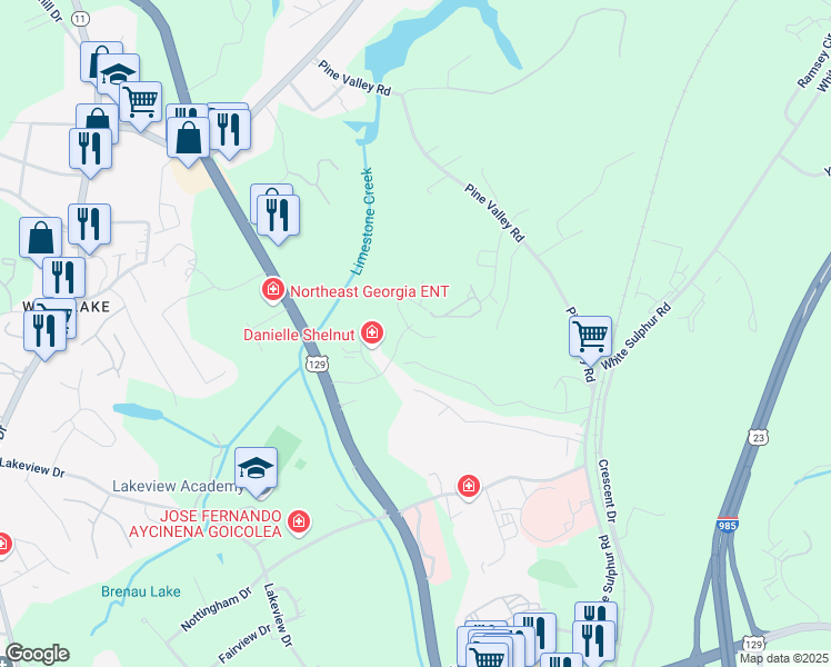 map of restaurants, bars, coffee shops, grocery stores, and more near 2350 Windward Lane in Gainesville