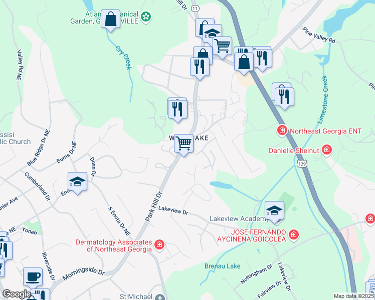 map of restaurants, bars, coffee shops, grocery stores, and more near 1686 Park Hill Drive in Gainesville