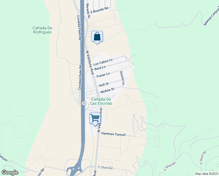 map of restaurants, bars, coffee shops, grocery stores, and more near 129 McKee Street in Ventura