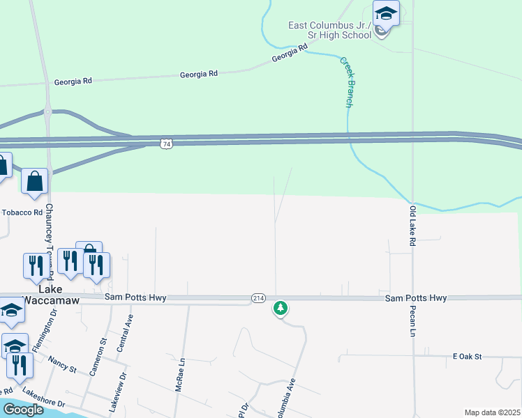 map of restaurants, bars, coffee shops, grocery stores, and more near 401 James Avenue in Lake Waccamaw