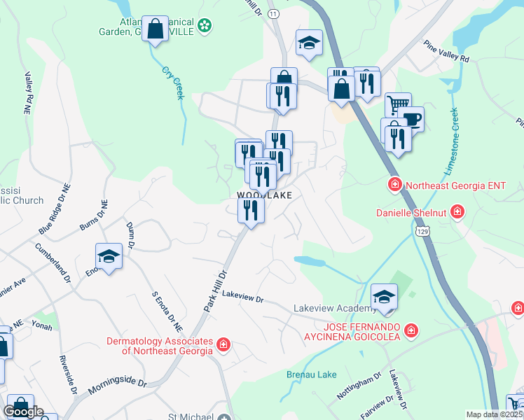 map of restaurants, bars, coffee shops, grocery stores, and more near 1686 Park Hill Drive in Gainesville
