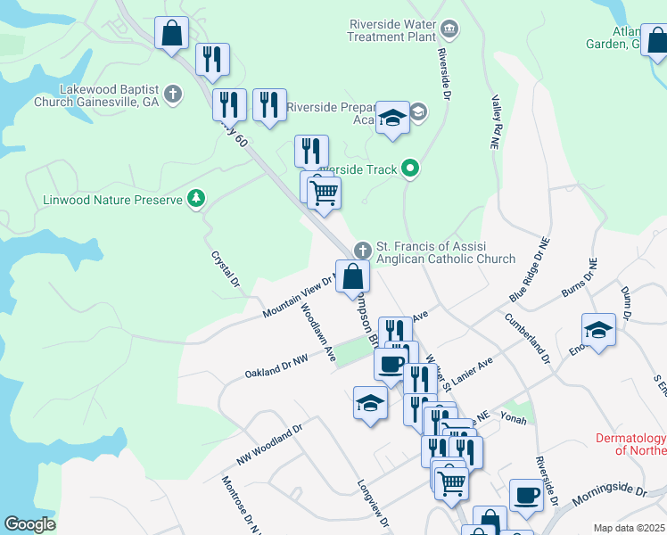 map of restaurants, bars, coffee shops, grocery stores, and more near 145 Mountain View Drive Northwest in Gainesville