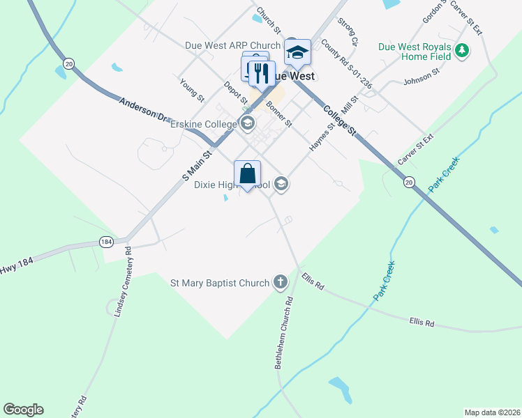 map of restaurants, bars, coffee shops, grocery stores, and more near 3 Lindsay Lane in Due West