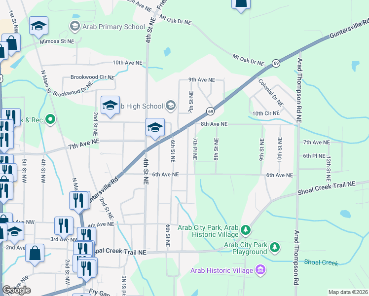 map of restaurants, bars, coffee shops, grocery stores, and more near 613 7th Street Northeast in Arab