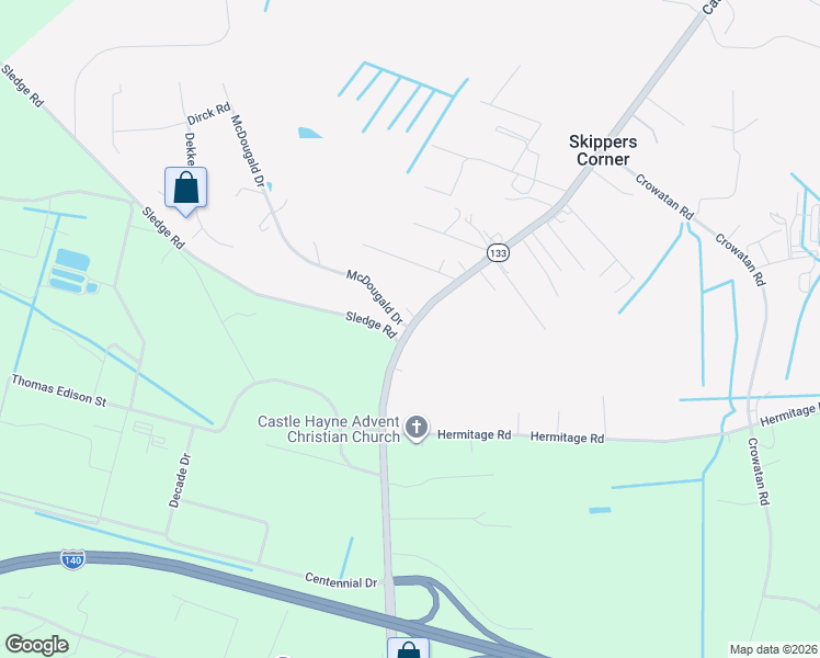 map of restaurants, bars, coffee shops, grocery stores, and more near 2 McDougald Drive in Castle Hayne